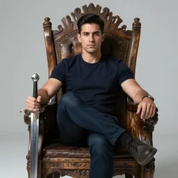 modern self portrait of man sitting on throne, legs crossed, while holding a sword, white man, hispanic, brown hair, light skin, golden throne, sharp, marker, red robes, 8 k, hi - rez, circles, lamented, clear, brown eyes, colored, green plants and golden background, sun in the sky, palace scenery, sharp, illustrated by yoji shinkawa