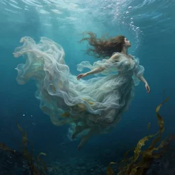 hyper realist matte digital painting of the ocean, underwater, jugendstill, flowing fabric, bubbles rising, seaweed, fairytale, fantasy art, photo realistic, dynamic lighting, artstation, volumetric lighting, by mucha, by charlie bowater, by karol bak, by alma tadema