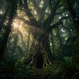 ominous, errie portal to hell embedded in a terrifying tree in a densely overgrown jungle, fantasy, dreamlike sunraise, ultra realistic, atmospheric, stopped in time, epic