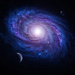 on a planet lucking up at two moons and a blue and purple spiral galaxy from a distance