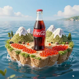 an island made of food, water from coca - cola around the island, red caviar instead of sand, hills with ice cream instead of mountains, 8 k, cryengine, 3 5 mm, cinematic