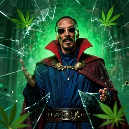 snoop dogg as doctor strange, multiple dimensions, green light, marijuana leaves, shattered glass, refractions, highly detailed, environmental light, cinematic by francis tneh