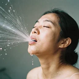 analog photographic portrait with 5 0 mm lens and f / 1 2. 0 of a 9 5. 0 0 1 years old woman woman with her eyes closed and spurting from her mouth a white viscous fluid floating in the air. with a slight variation of light in the liquid and gesture.