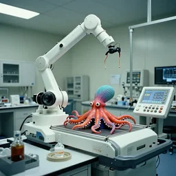 a complex bifurcated surgical arm hack mri 3 d printer machine making colorful mutant octopus forms and control panels in the laboratory inspection room, film still from the movie directed by denis villeneuve with art direction by salvador dali, wide lens