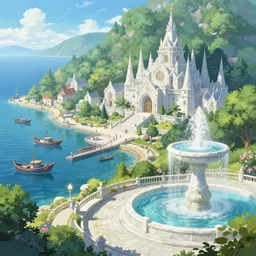 A fishing port near the ocean in a beautiful elven city made of white marble, anime, lush trees, fountain, a fantasy digital painting by Greg Rutkowski and James Gurney, trending on Artstation, highly detailed