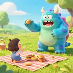 color photo of monster attacking a picnic.