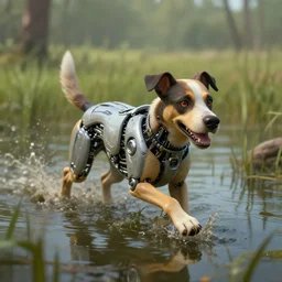 ! dream a cyborg dog running though a murky swamp, in the style of craola, shallow depth of field, highly detailed, digital painting, trending artstation, concept art, illustration, cinematic lighting, vibrant colors, photorealism, epic, octane render
