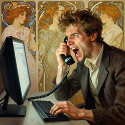 a beautiful illustration of a man yelling at a computer screen while holding the receiver of a rotary phone, intricate, sharp focus, illustration, highly detailed, digital painting, concept art, matte, art by wlop and artgerm and greg rutkowski and alphonse mucha, masterpiece