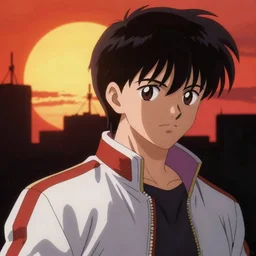 detailed anime character portrait of kaneda from akira by katsuhiro otomo, silhouetted by a burning sun in neo - tokyo | anime, matte painting, dystopian megacity neo - tokyo, perfect, fine details, realistic, shaded, lighting, akira, artgerm, jeremy lipkin and michael garmash and rob rey