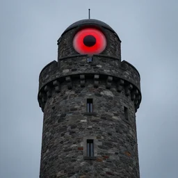 high round tower made of stone, huge red evil eye at the top of tower, atmosphere, lighting