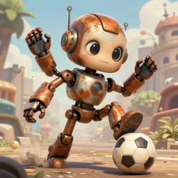 An epic fantasy comic book style portrait painting of a cute little robot, rusty components, kicking a soccer ball, very expressive, awesome pose, character design by Mark Ryden and Pixar and Hayao Miyazaki, unreal 5, DAZ, hyperrealistic, octane render, cosplay, RPG portrait, dynamic lighting, intricate detail, summer vibrancy, cinematic