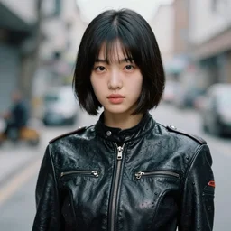 ektachrome, youthful asian demure, exquisite features, feminine cut, frontiers in flight leather suit oily mechanic, paul bellaart