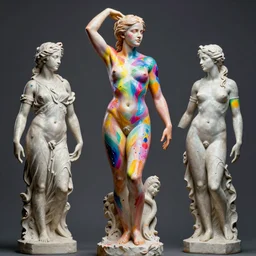 statue of Emma Watson by Jean-Baptiste Carpeaux and Luo Li Rong and Michael James Talbot as venus callipygian, standing athletic pose, perfect symmetrical face, colorful, bright psychedelic colors, bodypaint, acrylic paint splashes, all body, elegant, realistic, 8K, female full-skin figure, hyperrealism, subsurface scattering, raytracing, rim light, Octane Render, Redshift, Zbrush