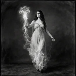 dramatic full body portrait daguerreotype photo of a beautiful female spirit medium levitating and emitting paranormal ectoplasm, detailed and creepy, by annie leibovitz, by diane arbus