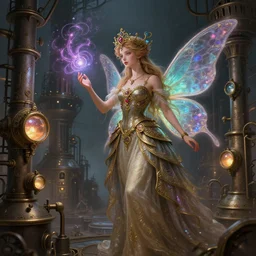 ultra realistic illustration of steampunk magical fairy, industrial, factory, magic spells, lenses, colorful lights, intricate, elegant, highly detailed, digital painting, artstation, concept art, smooth, sharp focus, illustration, art by artgerm and greg rutkowski and alphonse mucha