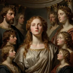 Homeric mesmerizing inner sanctum of the most alluring venerable and beautiful truth, in the style of Jeff Easley, Jacques-Louis David, Ken Kelly, Élisabeth Vigée Le Brun, dramatic lighting, establishing shot, detailed and beautiful aesthetic faces, 8k resolution – W 1024