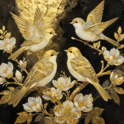 birds and flowers. gouache and gold leaf work by the award - winning mangaka, bloom, chiaroscuro, backlighting, depth of field.