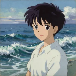 Classical oil painting of the ocean waves, beautiful portrait, official anime artwork, stylistic, brush strokes, oil, canvas, by Thomas Kinkade