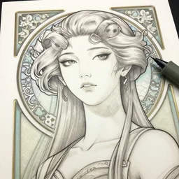 a low angle copic maker art nouveau portrait of a japanese futuristic skinny russian beautiful girl detailed features wearing a latex wedding dress with a puffy skirt designed by balenciaga by john berkey, norman rockwell akihiko yoshida