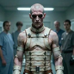 realistic portrait of a mephistopheles in a straightjacket, cinematic movie scene, hospital background, horror, high detailed, smooth draw, intricate, realistic proportions, dramatic lighting, trending on artstation, wlop, rossdraws, james jean, andrei riabovitchev, marc simonetti, and sakimichan, trending on artstation