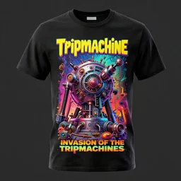 photo of a band tshirt, bandname is tripmachine, tourname is invasion of the tripmachines, realistic digital art, 3 d render of a huge futuristic steampunk generator, 8 k, fluorescent colors, halluzinogenic, multicolored, exaggerated detailed, unreal engine