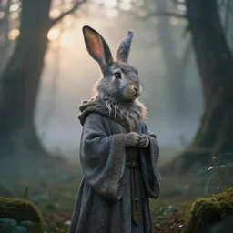photo of a mystic rabbit druid mage. photorealistic, ethereal, magical forest, magic hour, misty, bokeh, highly detailed