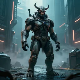 humanoid minotaur in the movie bladerunner 2 0 4 9. cinematic wide shot in the style of cyber punk