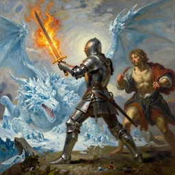 landscape, realistic painting image about a templar knight with one mechanical hand carrying a fire sword, wielding it at the berserk ice dragon. dramatic scene, realism, created by gustave courbet and michaelangelo, trending in artstation, fine art, smooth draw with oil painting.