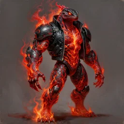 Character design body made of fire, body with black and red lava, Lizardman Art, muscular male body, mecha humanoid with cyberpunk bomber jacket,  concept art character, royalty, smooth, sharp focus, organic, deep shadowsby Jerad Marantz hyperrealistic oil painting, 4k, studio lightning