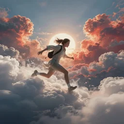 running and falling on clouds between hell and heaven, 4k, post-processing, detailed, artstation