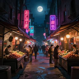 a beautiful hyper realistic detailed matte painting of an alleyway market with dimmed neon lighting, moon light, dynamic lighting, cinematic lighting, like blade runner, guillaume gaudreau poudrette, featured on artstation, unreal engine