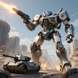 six meter tall mech firing a minigun in a city, action scene, massive robot, futuristic battle tank, concept art, artbook, unreal engine screenshot, action game, octane render, trending on artstation