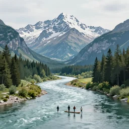 A majestic landscape featuring a river, mountains and a forest. There is a group of armed soldiers smoking cigarettes and staring at the sunset. Cinematic, very beautiful, pencil drawing