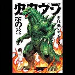 professionally drawn seinen mature cyberpunk kaiju horror action manga comic cover, dramatic, beautifully drawn coherent professional, drawn by ilya kuvshinov, ilya kuvshinov, satoshi kon, kentaro miura, dave mckean, tsutomu nihei. japanese script kanji hiragana on the cover. minimalist stylized cover art. green red fire cel shaded