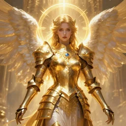 a beautiful portrait of an angel wearing a golden armor with ornaments, shining light, golden hora, by nekro, concept art, fantasy