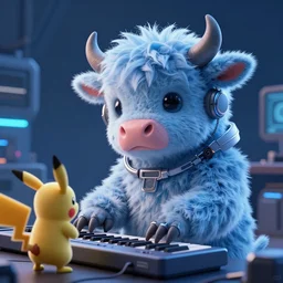 high quality 3 d render sci - fi very cute neuromancer fluffy! mutant cow hybrid! playing keyboard, highly detailed, unreal engine cinematic smooth, in the style of blade runner & detective pikachu, hannah yata charlie immer, moody blue light, low angle, uhd 8 k, sharp focus