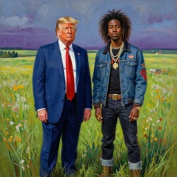 a painting of donald trump and wiz khalifa in a field, an ultrafine detailed painting by grayson perry, cg society, american scene painting, apocalypse art, 1 9 9 0 s, apocalypse landscape
