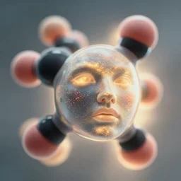 realistic photo of a a blurred molecule emitting aura in a pose of a human face covered with glowing particles 1 9 6 0, life magazine photo, natural colors, metropolitan museum, kodak, 8 k, very detailed, high resolution, product photo,