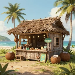 an concept art illustration, fantasy, makeshift coconut shack store, style by wlop, trending in artstation, cgsociety, octane render, ultra sharp, 8 k