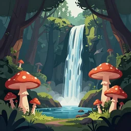 psychedelic mushrooms, enchanted forest, waterfall, clean cel shaded vector art