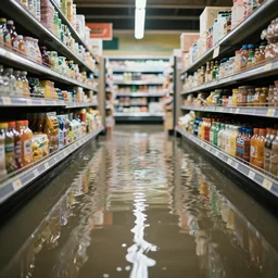 photo of a grocery store interior, the floor is flooded with one meter deep water. eerie, volumetric lighting. highly - detailed 4 k