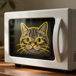 A microwave with a cartoon cat face poorly drawn in yellow crayon