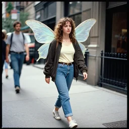 a recently found 90s vhs captured photograph with portra 800 film a of real life adult fairy dressed in casual clothes walking in new york