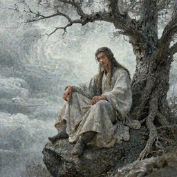 a prince with long hairs and a robe sitting  on a rock, a dead tree and swirly clouds in the background, art by James Jean and Wayne Barlowe and moebius, high details , cinematic, cgsociety 8k