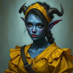 a shy purple skin cute tiefling woman, blue skin, yellow blouse, beautiful portrait by bastien lecouffe deharme and n c wyeth