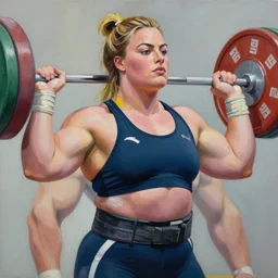 greg manchess portrait painting of margot robbie as beautiful thick very muscular roided female weightlifter zarya, wide roided face, medium shot, asymmetrical, profile picture, organic painting, sunny day, matte painting, bold shapes, hard edges, street art, trending on artstation, by huang guangjian and gil elvgren and sachin teng