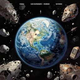 very detailed, prophet graphic novel, ilya kuvshinov, mcbess, rutkowski, simon roy, illustration of space junk floating in space around a dystopian dead planet earth, wide shot, colorful, deep shadows, astrophotography
