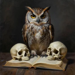 owl! skull! book! dark realistic painting