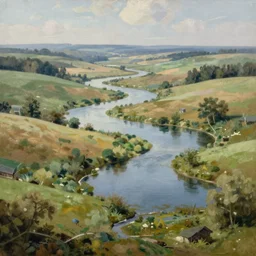 a landscape with many small ponds and winding streams, extremely detailed oil painting, unreal 5 render, rhads, sargent and leyendecker, savrasov levitan polenov, bruce pennington, studio ghibli, tim hildebrandt, digital art, landscape painting, octane render, beautiful composition, trending on artstation, award winning photograph, masterpiece