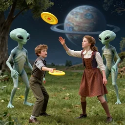 detailed, sharp, a human boy and a human girl playing frisbee with a humanoid alien boy and a humanoid alien girl, wearing 1850s era clothes, in a park on an alien planet, extremely highly detailed, highly detailed faces, 70 mm still from a period sci fi color movie, 4k, HD, cinematic lighting